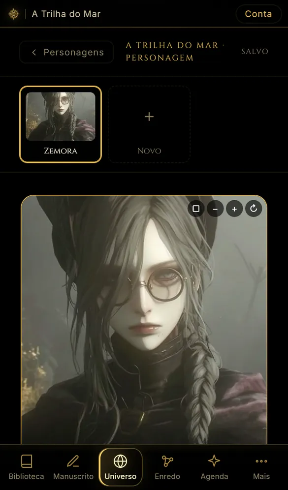 A ficha da personagem Zemora, com o retrato dela.