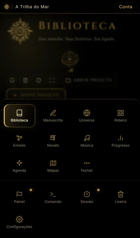 O menu Mais aberto, com todas as telas do app.