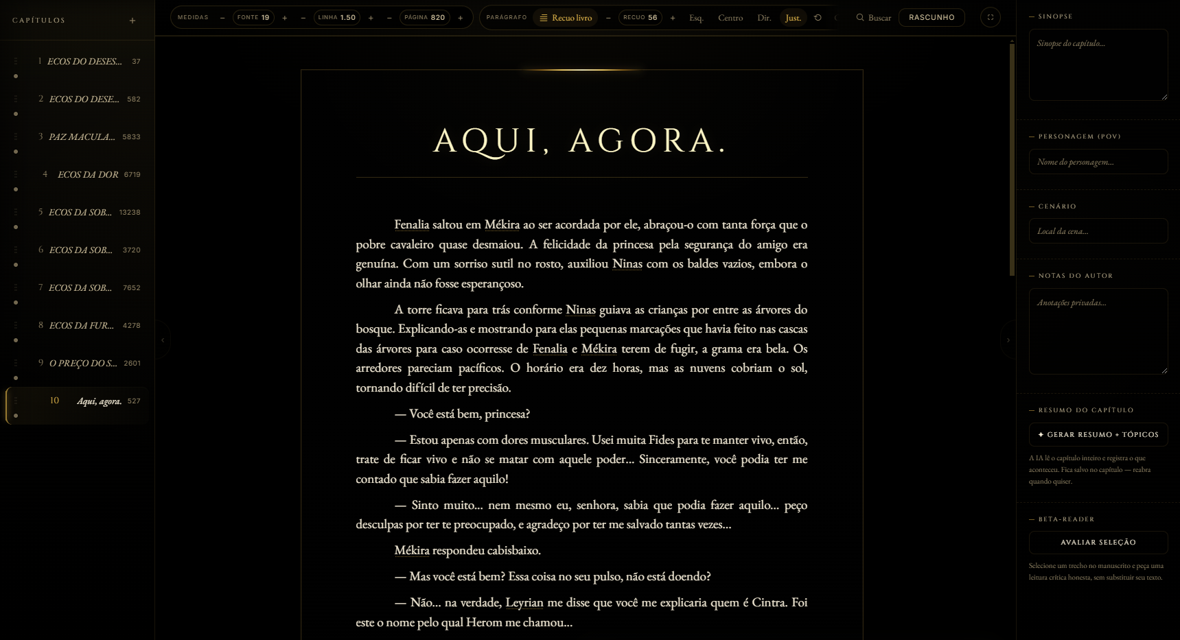 Motor de escrita do AUTOR — página com recuo de primeira linha, capitular e tipografia de livro, no modo normal