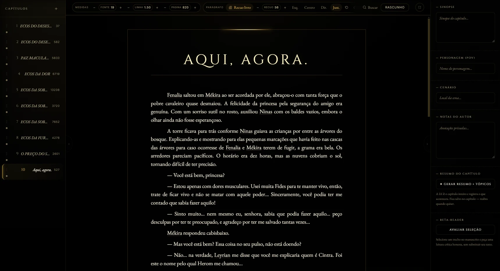 Motor de escrita do AUTOR — página com recuo de primeira linha, capitular e tipografia de livro, no modo normal