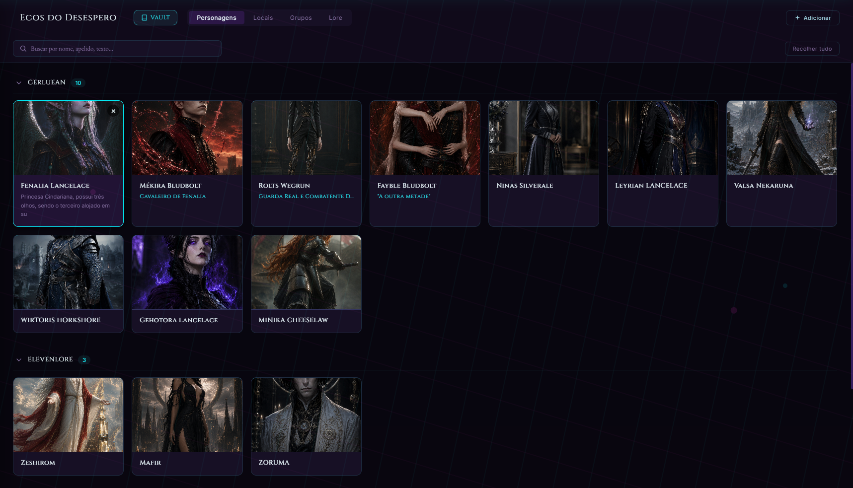 Criação de cards no Universo do AUTOR — personagens, locais e grupos catalogados, com retrato e ficha