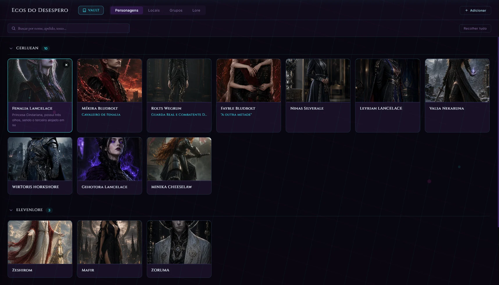 Criação de cards no Universo do AUTOR — personagens, locais e grupos catalogados, com retrato e ficha
